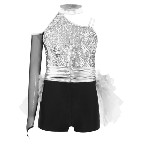 iiniim Girls Ballet Skirted Bodysuit Sequins Performance Jumpsuit Asymmetrical Latin Jazz Dance Leotard Dress Silver 6