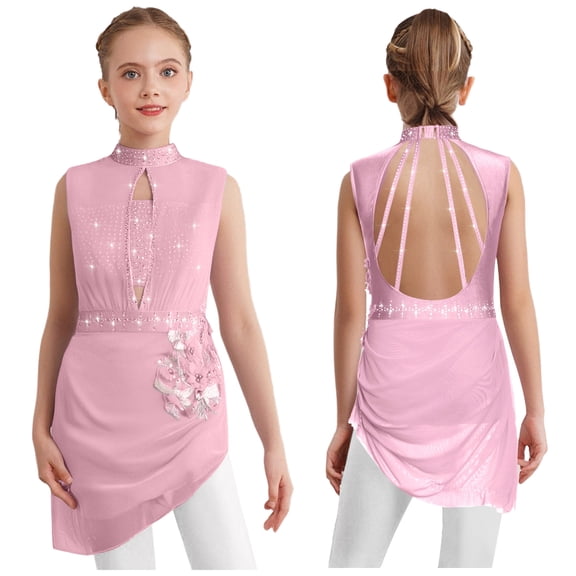 iiniim Girls Ballet Skirted Leotard Mesh Figure Ice Skating Dress Asymmetrical Lyrical Dancewear Pink 10