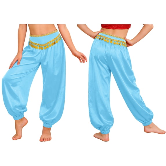 iiniim Girls Belly Dance Pants Party Stage Performance Zippered Garment Tasseled Bottoms Casual Trousers Light Blue 12
