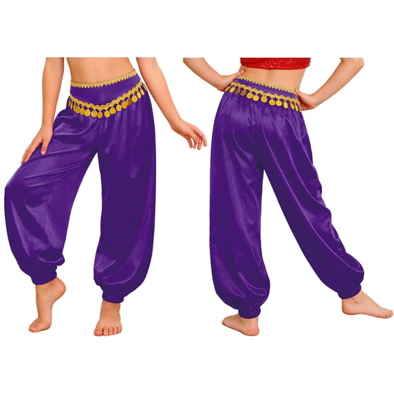 iiniim Girls Belly Dance Pants Party Stage Performance Zippered Garment Tasseled Bottoms Casual Trousers Purple 6