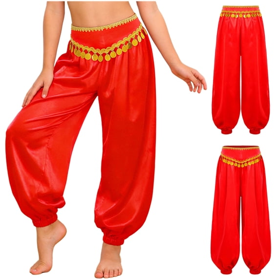 iiniim Girls Belly Dance Pants Party Stage Performance Zippered Garment Tasseled Bottoms Casual Trousers Red 6