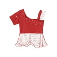 thumbnail image 1 of iiniim Girls Belly Dance Top Kids Single Short Sleeve Mesh Patchwork Polka Dots Sequins Dance Shirts Red 3-4, 1 of 7