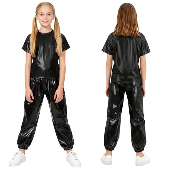 iiniim Girls Boys Hip Hop Jazz Dance Outfit Metallic Sparkly 2 Piece Short Sleeve T-Shirt and Shiny Pants Set Black 110