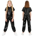 thumbnail image 1 of iiniim Girls Boys Hip Hop Jazz Dance Outfit Metallic Sparkly 2 Piece Short Sleeve T-Shirt and Shiny Pants Set Black 130, 1 of 7