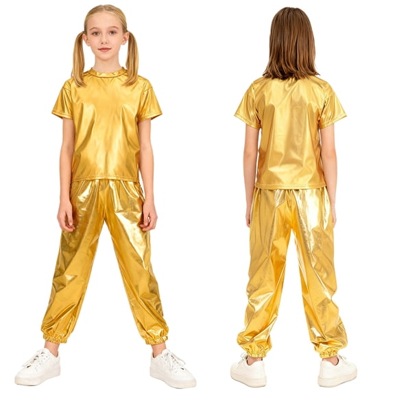 iiniim Girls Boys Hip Hop Jazz Dance Outfit Metallic Sparkly 2 Piece Short Sleeve T-Shirt and Shiny Pants Set Gold 120