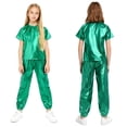thumbnail image 1 of iiniim Girls Boys Hip Hop Jazz Dance Outfit Metallic Sparkly 2 Piece Short Sleeve T-Shirt and Shiny Pants Set Green 170, 1 of 7