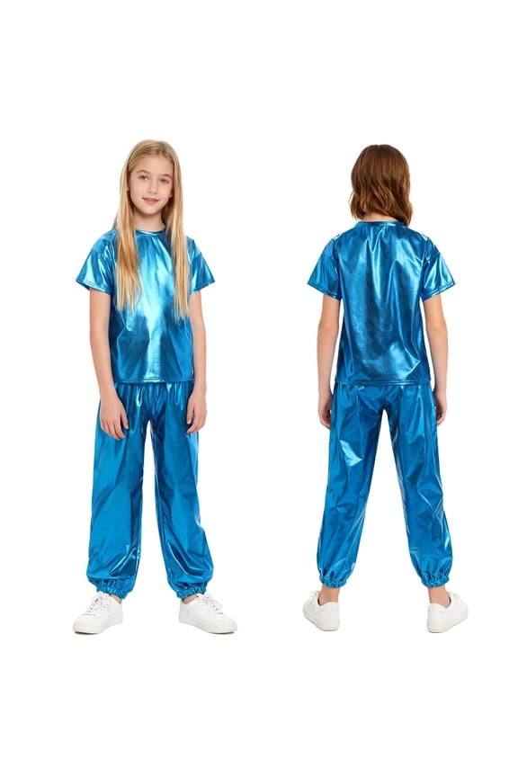 Girls Boys Hip Hop Jazz Dance Outfit Metallic Sparkly 2 Piece Short Sleeve T-Shirt and Shiny Pants Set Light Blue 100