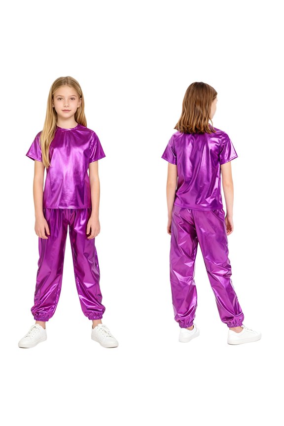Girls Boys Hip Hop Jazz Dance Outfit Metallic Sparkly 2 Piece Short Sleeve T-Shirt and Shiny Pants Set Purple 140