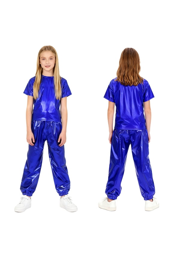 Girls Boys Hip Hop Jazz Dance Outfit Metallic Sparkly 2 Piece Short Sleeve T-Shirt and Shiny Pants Set Royal Blue 140