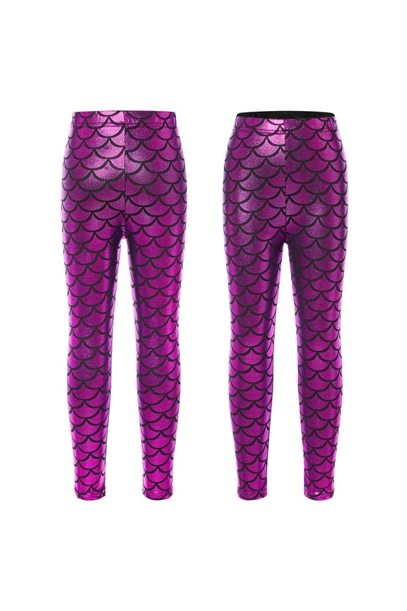 Girls Boys Mermaid Leggings Shiny Metallic Fish Scale Skinny Tights Yoga Dance Pants 2-12 Hot Pink 7-8
