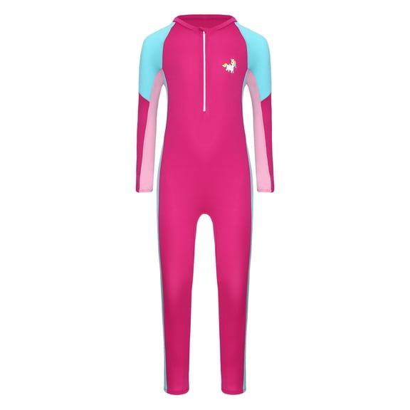 iiniim Girls Boys Rush Guard Swimsuit Long Sleeve Zipper Full Body Swimwear Hawaii Vacation Beach Hot Pink XL