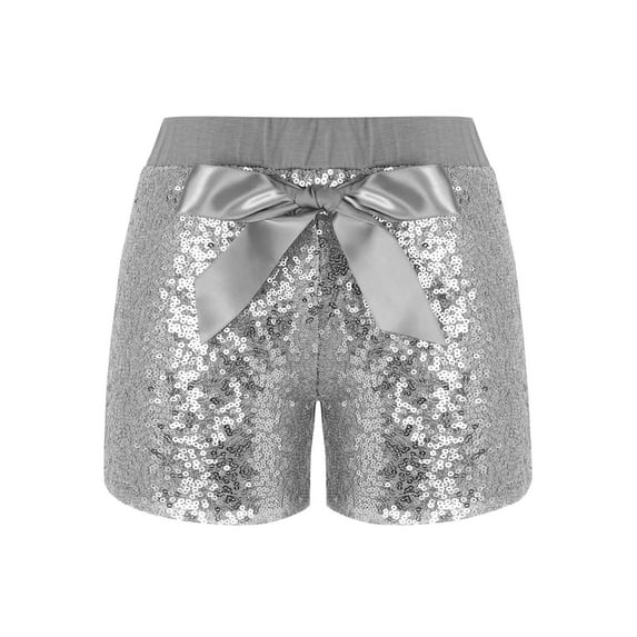 iiniim Girls Boys Sequins Dance Shorts with Bowknot Training Gymnastics Hip Hop Rave Silver 4-5