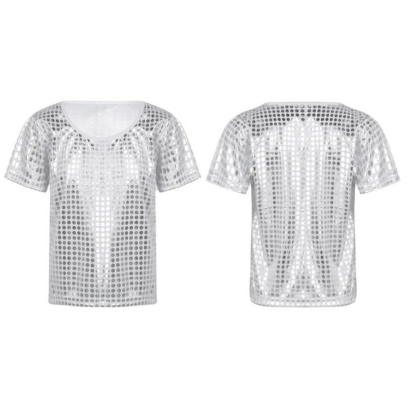iiniim Girls Boys Shiny Metallic Short Sleeve T-Shirt Hip Hop Jazz Dance Performance Festival Party Top Shirt Blouse