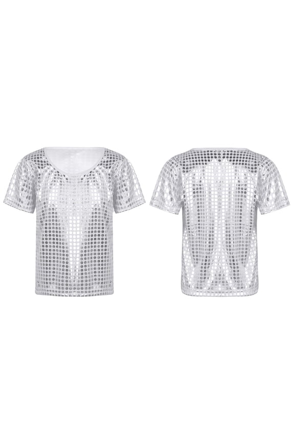 Girls Boys Shiny Metallic Short Sleeve T-Shirt Hip Hop Jazz Dance Performance Festival Party Top Shirt Blouse