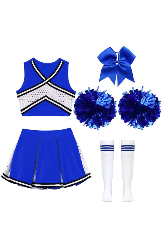 Girls Cheer Dance Costume Halloween Sleeveless Crop Top Pleated Skirt Outfit Cheerleading Uniform Dress A Blue 4