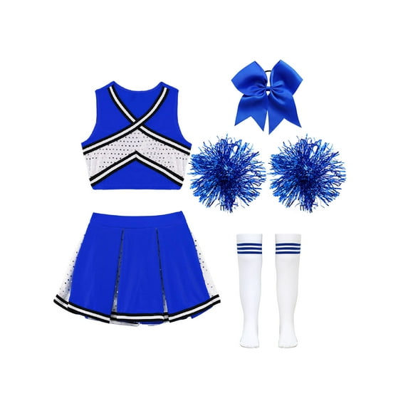 iiniim Girls Cheer Dance Costume Halloween Sleeveless Crop Top Pleated Skirt Outfit Cheerleading Uniform Dress B Blue 12