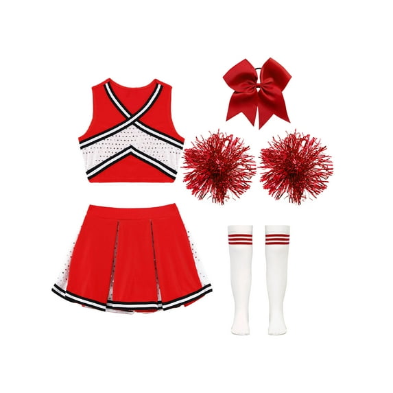 iiniim Girls Cheer Dance Costume Halloween Sleeveless Crop Top Pleated Skirt Outfit Cheerleading Uniform Dress B Red 4