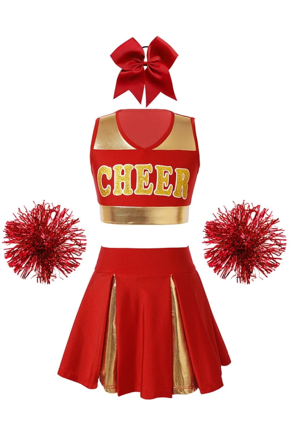 Girls Cheer Leader Kids Cheerleading Uniform with Accessories Carnival Party Size 6-16 B Red 6