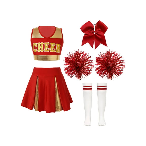 iiniim Girls Cheer Leader School Uniform Sleeveless Cheerleading Dance Crop Top Skirt with Hair Tie Socks Pom Poms B Red 14