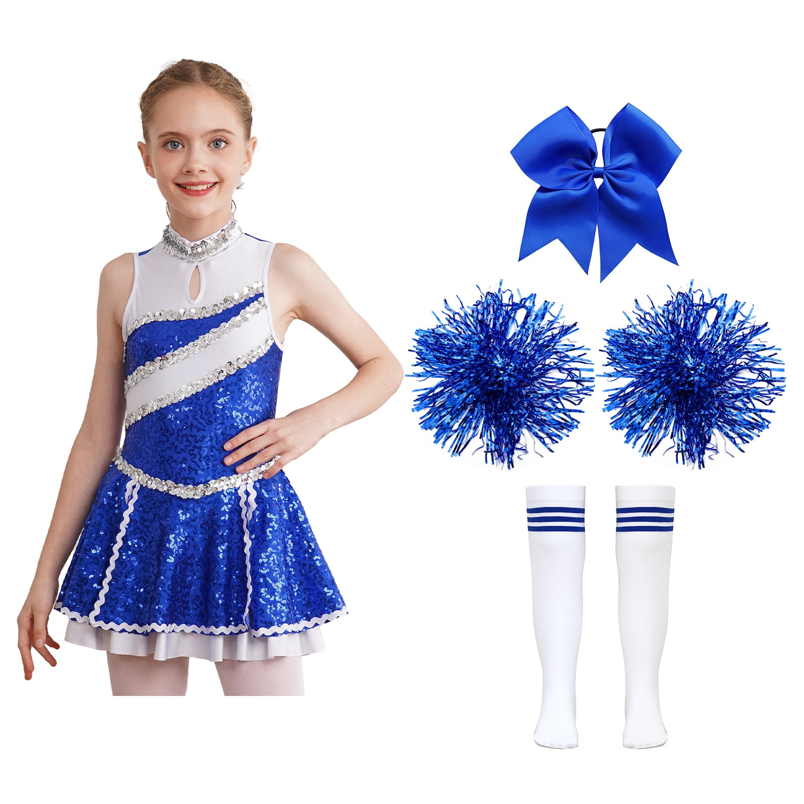 iiniim Girls Cheer Leader Sequins Cheerleading Dress with Pom Poms Headwear Socks for Halloween B Blue 10