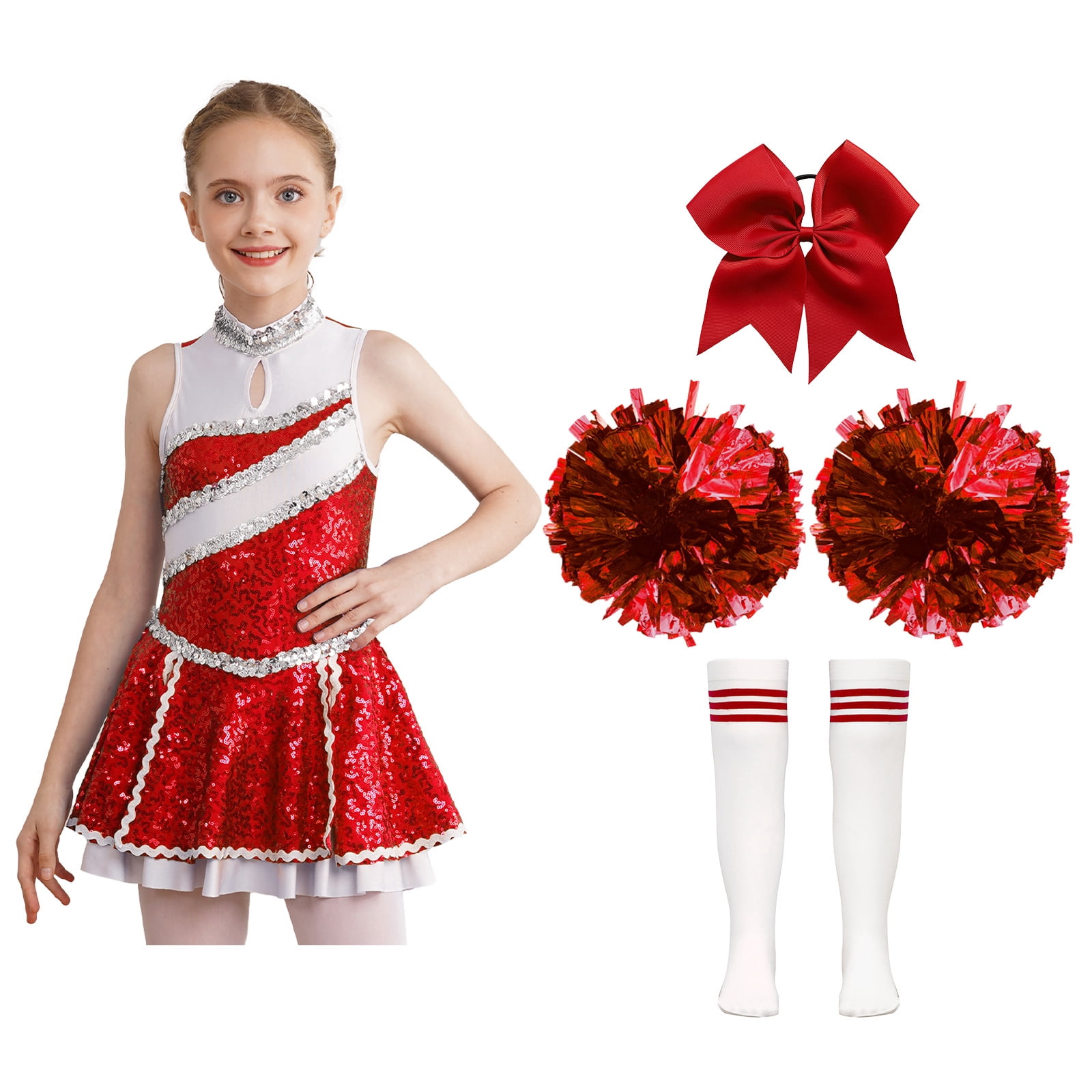 iiniim Girls Cheer Leader Sequins Cheerleading Dress with Pom Poms Headwear Socks for Halloween A Red 6