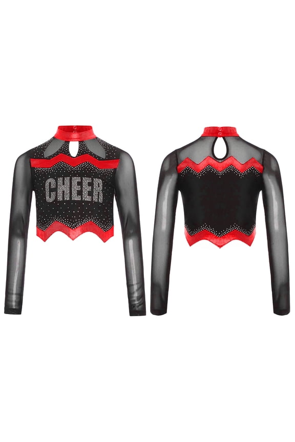 Girls Cheer Leader Team Uniform Ball Game Cheerleading Dance Long Sleeve Crop Top Red 12