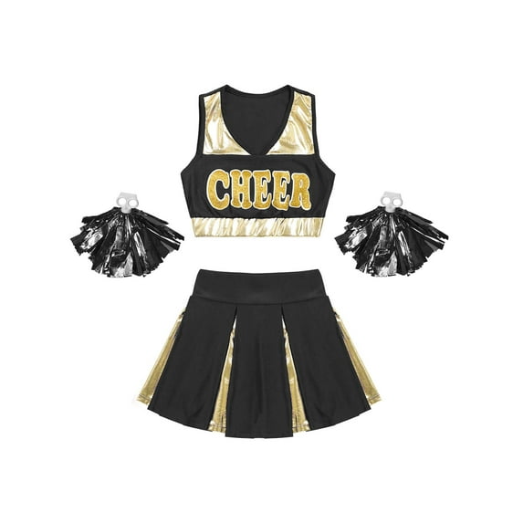 iiniim Girls Cheer Leader Uniform High School Crop Top with Pleated Skirt Carnival Party Dancewear Black 8