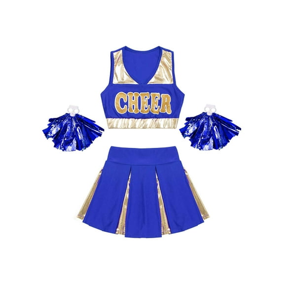 iiniim Girls Cheer Leader Uniform High School Crop Top with Pleated Skirt Carnival Party Dancewear Blue 6