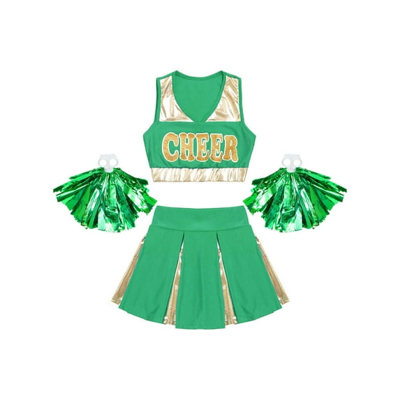 iiniim Girls Cheer Leader Uniform High School Crop Top with Pleated Skirt Carnival Party Dancewear Green 16