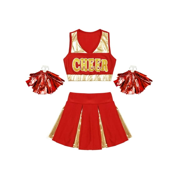 iiniim Girls Cheer Leader Uniform High School Crop Top with Pleated Skirt Carnival Party Dancewear Red 14