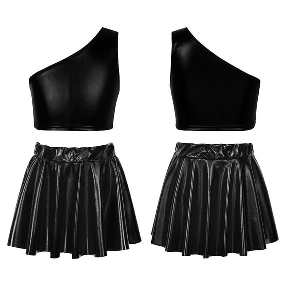 iiniim Girls Cheerleading Costumes Crop Top with Pleated Skirt Shiny Jazz Hip Hop Performance 3-14 Black 13-14