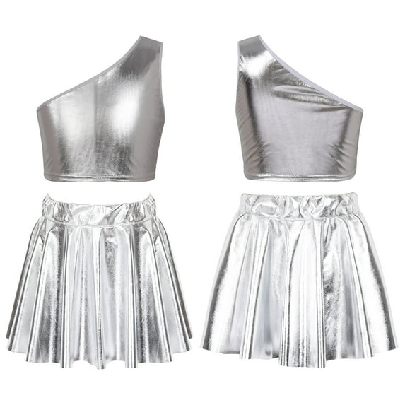 iiniim Girls Cheerleading Costumes Crop Top with Pleated Skirt Shiny Jazz Hip Hop Performance 3-14 Silver 13-14