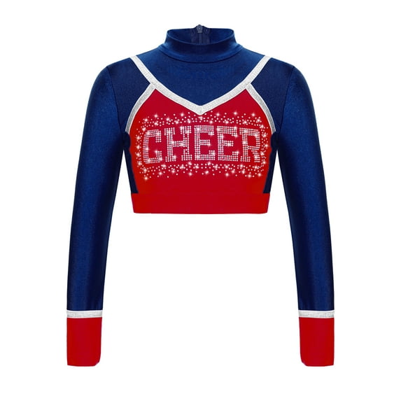 iiniim Girls Cheerleading Cropped Tops Shiny Rhinestone Contrast Color Long Sleeve Mock Neck Gymnastic Dance Tee Navy Blue 14
