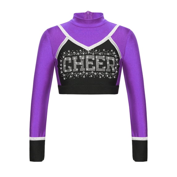 iiniim Girls Cheerleading Cropped Tops Shiny Rhinestone Contrast Color Long Sleeve Mock Neck Gymnastic Dance Tee Purple 16