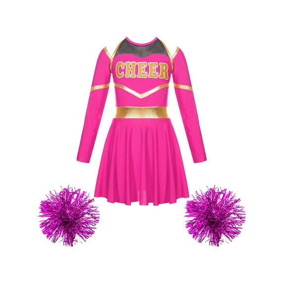 iiniim Girls Cheerleading Dance Long Sleeve Dress with Flower Balls Stage Performance Hot Pink 16