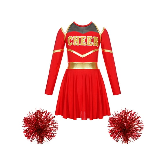 iiniim Girls Cheerleading Dance Long Sleeve Dress with Flower Balls Stage Performance Red 10