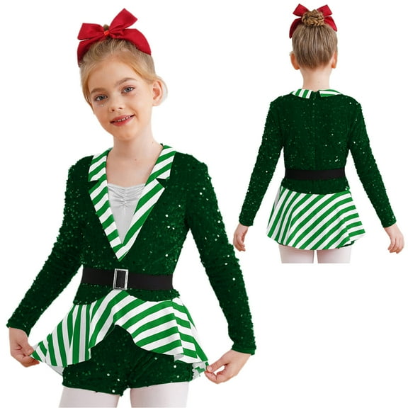 iiniim Girls Christmas Ballet Tutu Leotard Sequins Candy Cane Figure Ice Skating Dance Wear Green 12