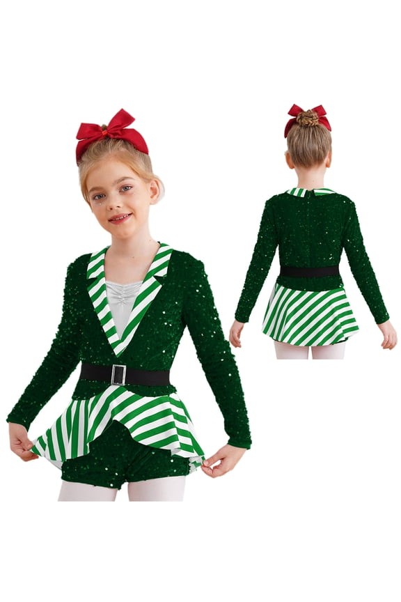 Girls Christmas Ballet Tutu Leotard Sequins Candy Cane Figure Ice Skating Dance Wear Green 16