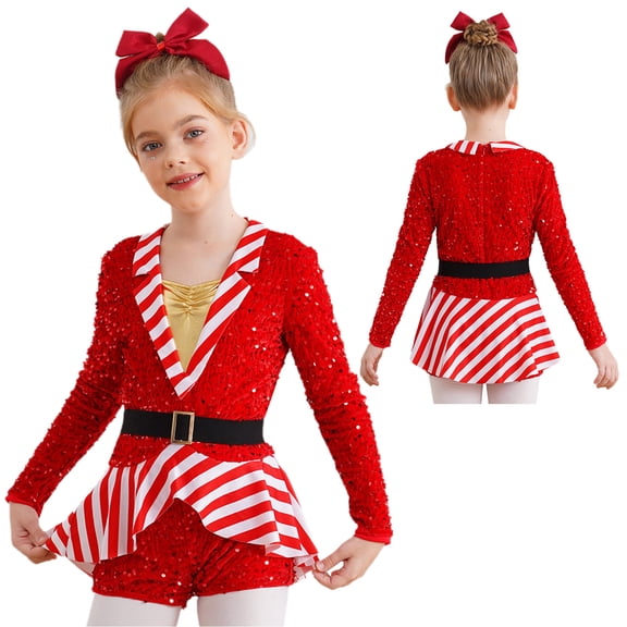 iiniim Girls Christmas Ballet Tutu Leotard Sequins Candy Cane Figure Ice Skating Dance Wear Red 8