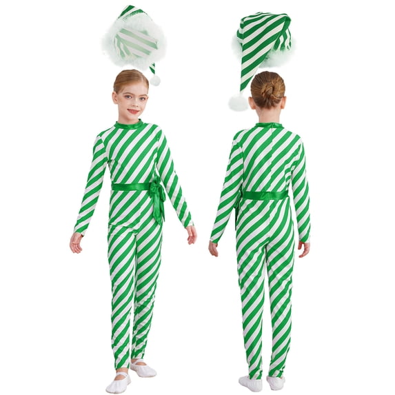 iiniim Girls Christmas Candy Cane Performance Kids Striped Jumpsuit Dance Skating Leotard with Hat Green 12