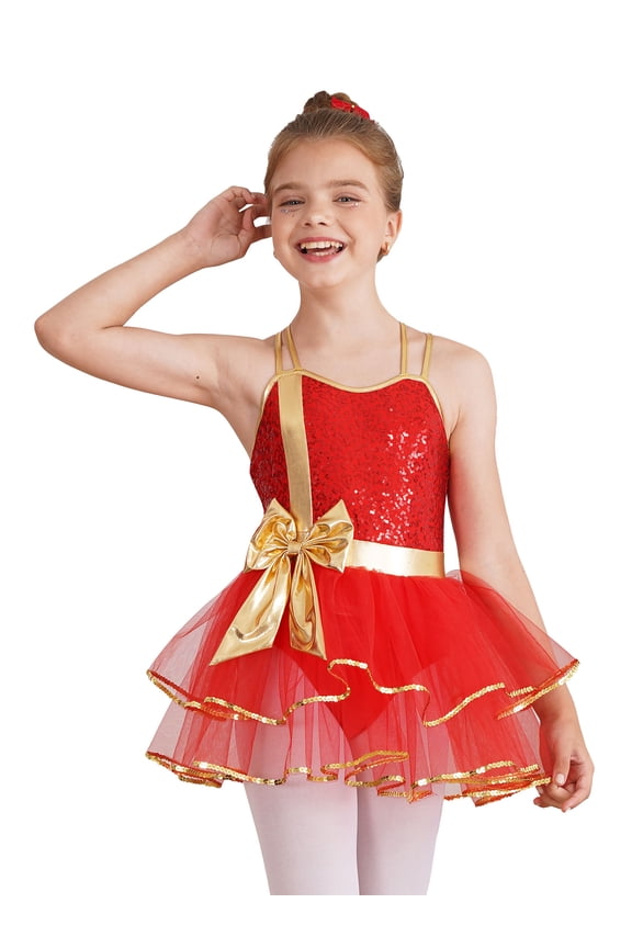 Girls Christmas Dance Dress Ballet Leotard Figure Ice Skating Stage Performance Red 4