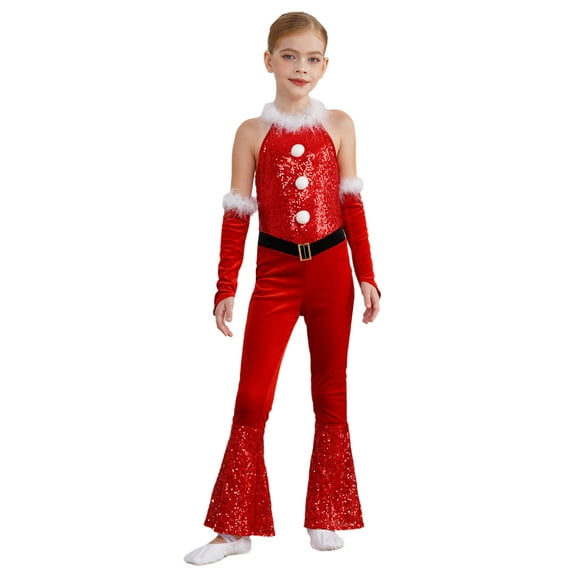 iiniim Girls Christmas Dance Performance Kids Xmas Party Show Jumpsuit Leotard  with Arm Sleeve Red 16