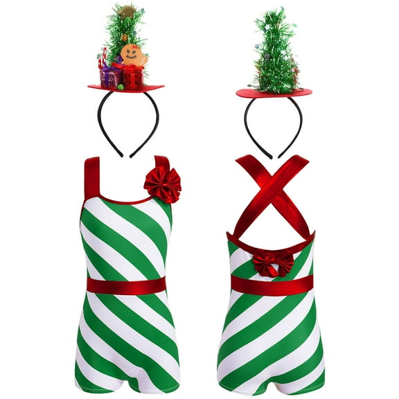 iiniim Girls Christmas Elf Costume Stripes Ballet Dance Leotard Cosplay Birthday Party Outfits Green 8
