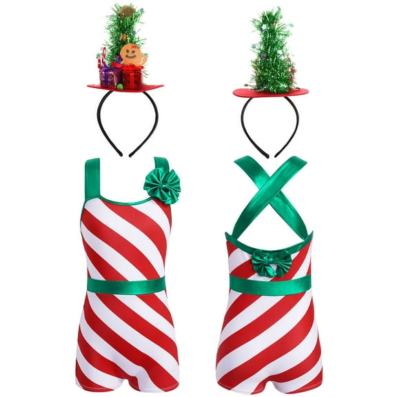 iiniim Girls Christmas Elf Costume Stripes Ballet Dance Leotard Cosplay Birthday Party Outfits Red 4