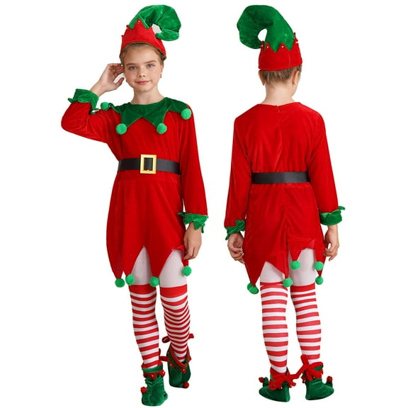 iiniim Girls Christmas Elf Santa Outfit Xmas Cosplay Party Santa Dance Set Red 2-3