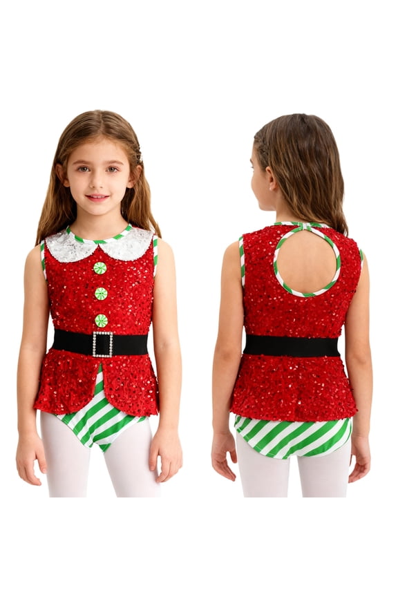 Girls Christmas Santa Elf Striped Sequins Dance Leotard Xmas Skating Bodysuit Red 4
