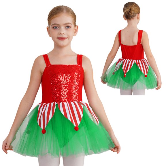 iiniim Girls Christmas Ballet Dance Dress Leotard Mrs Santa Elf Costume for Performance Red 8