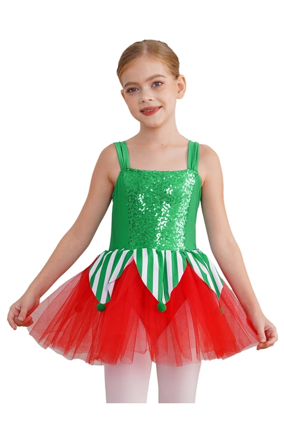 Girls Christmas Ballet Dance Dress Leotard Mrs Santa Elf Costume for Performance Green 6