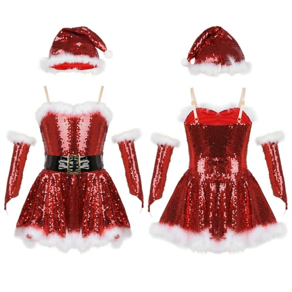 iiniim Big Girls Christmas Outfit Sequins Figure Ice Roller Skating Ballet Dance Leotard Dress with Hat Arm Sleeves A Red 4