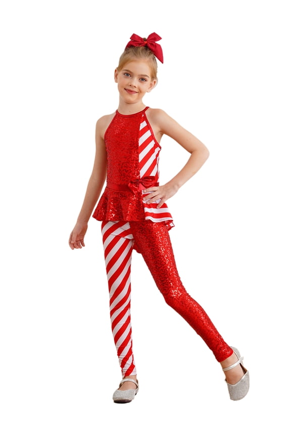 Girls Christmas Sleeveless Dance Jumpsuit Figure Skating Leotard Xmas Party Dancewear Red 16